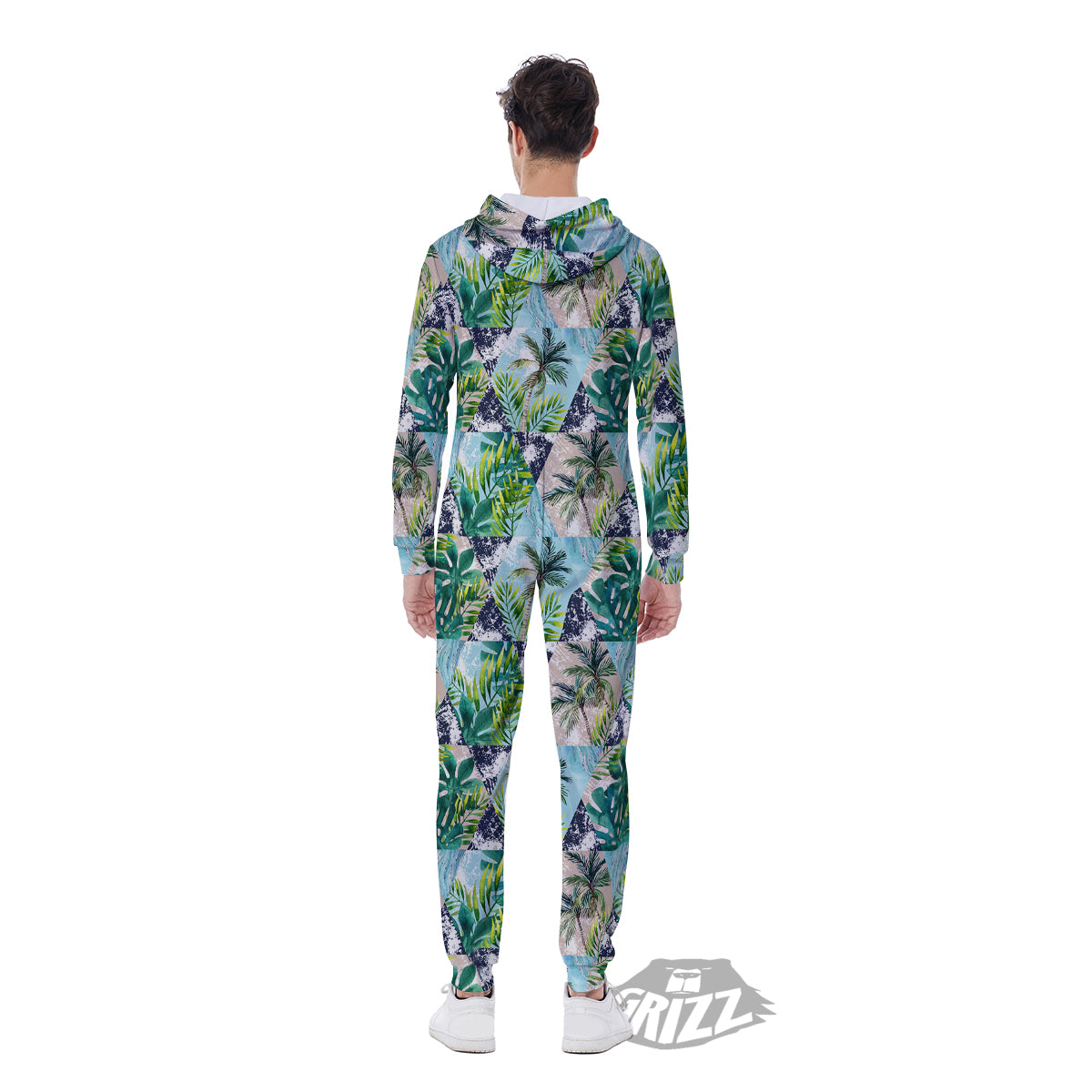 Patchwork Watercolor Tropical Leaves Print Pattern Men's Jumpsuit-grizzshop
