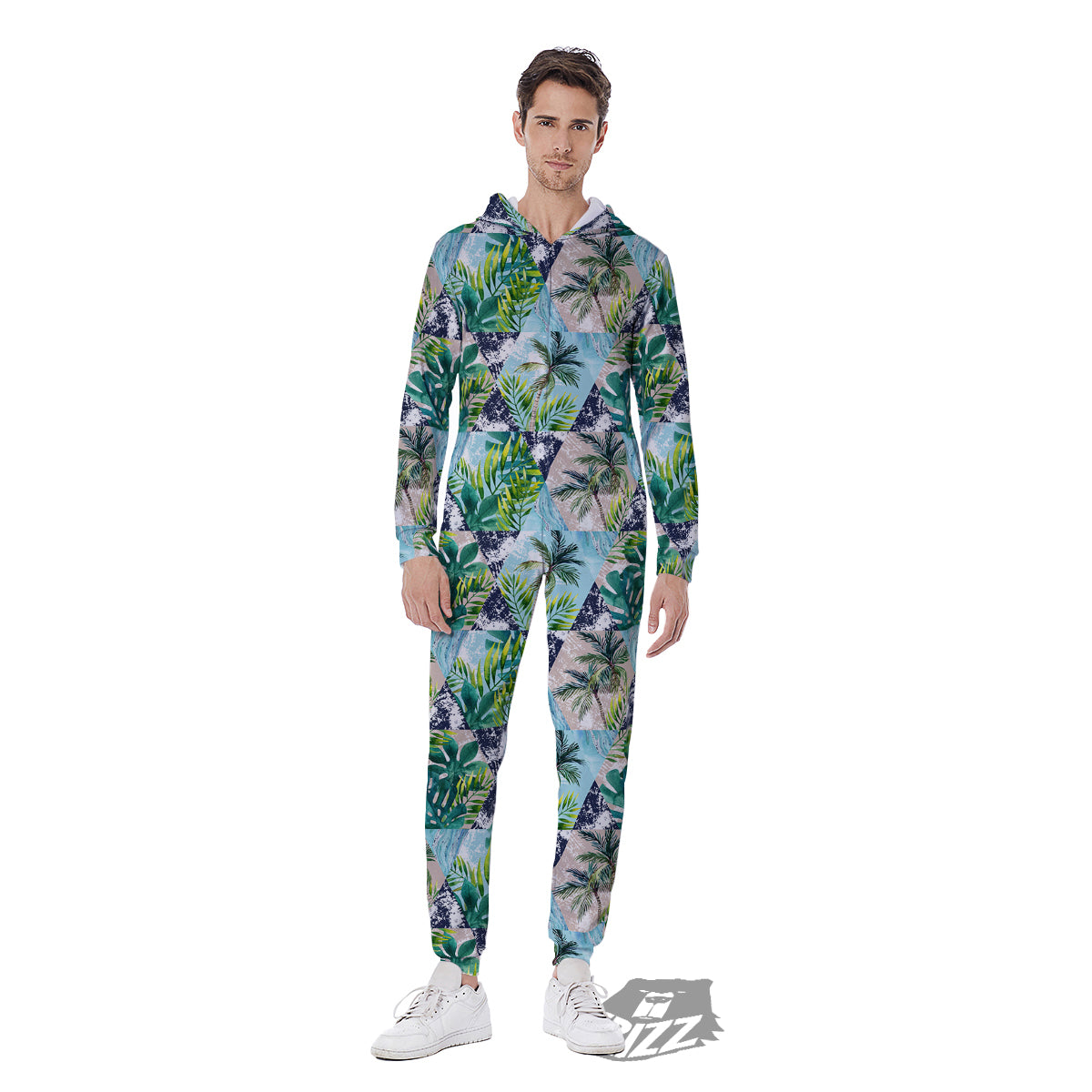 Patchwork Watercolor Tropical Leaves Print Pattern Men's Jumpsuit-grizzshop