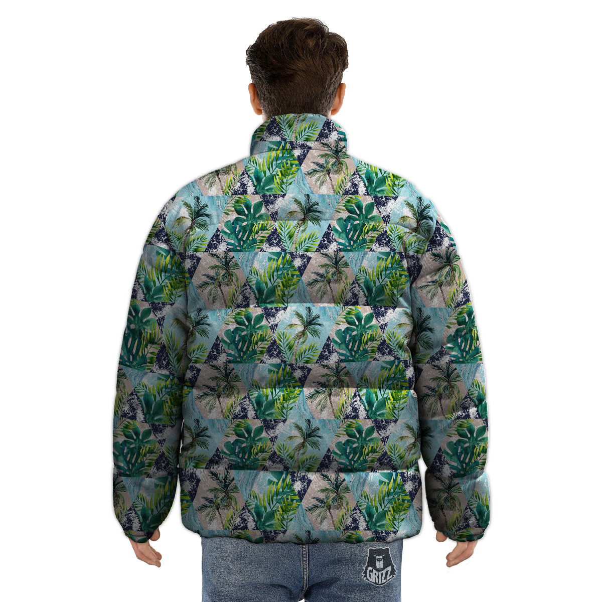 Patchwork Watercolor Tropical Leaves Print Pattern Puffer Jacket-grizzshop