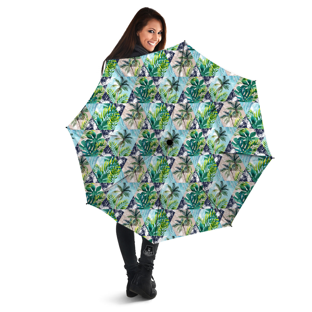 Patchwork Watercolor Tropical Leaves Print Pattern Umbrella-grizzshop