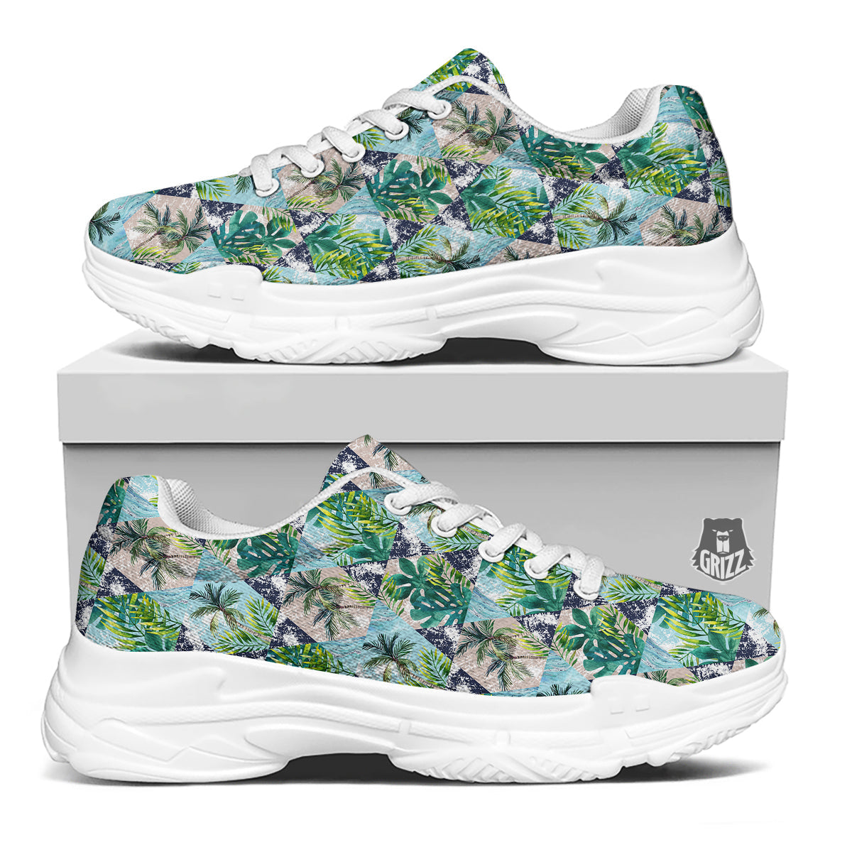 Patchwork Watercolor Tropical Leaves Print Pattern White Chunky Shoes-grizzshop