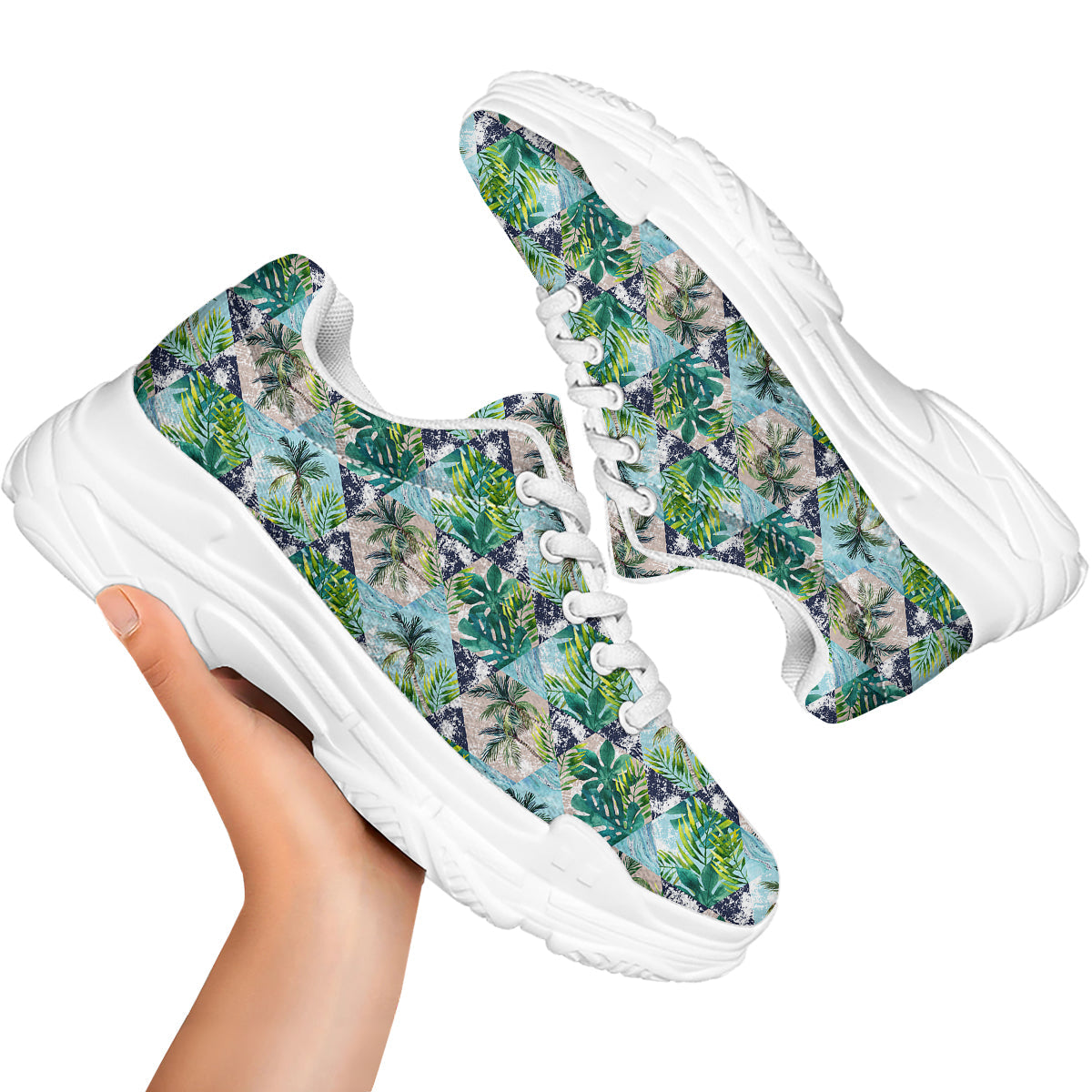 Patchwork Watercolor Tropical Leaves Print Pattern White Chunky Shoes-grizzshop