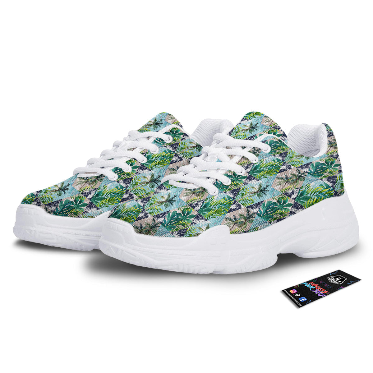 Patchwork Watercolor Tropical Leaves Print Pattern White Chunky Shoes-grizzshop