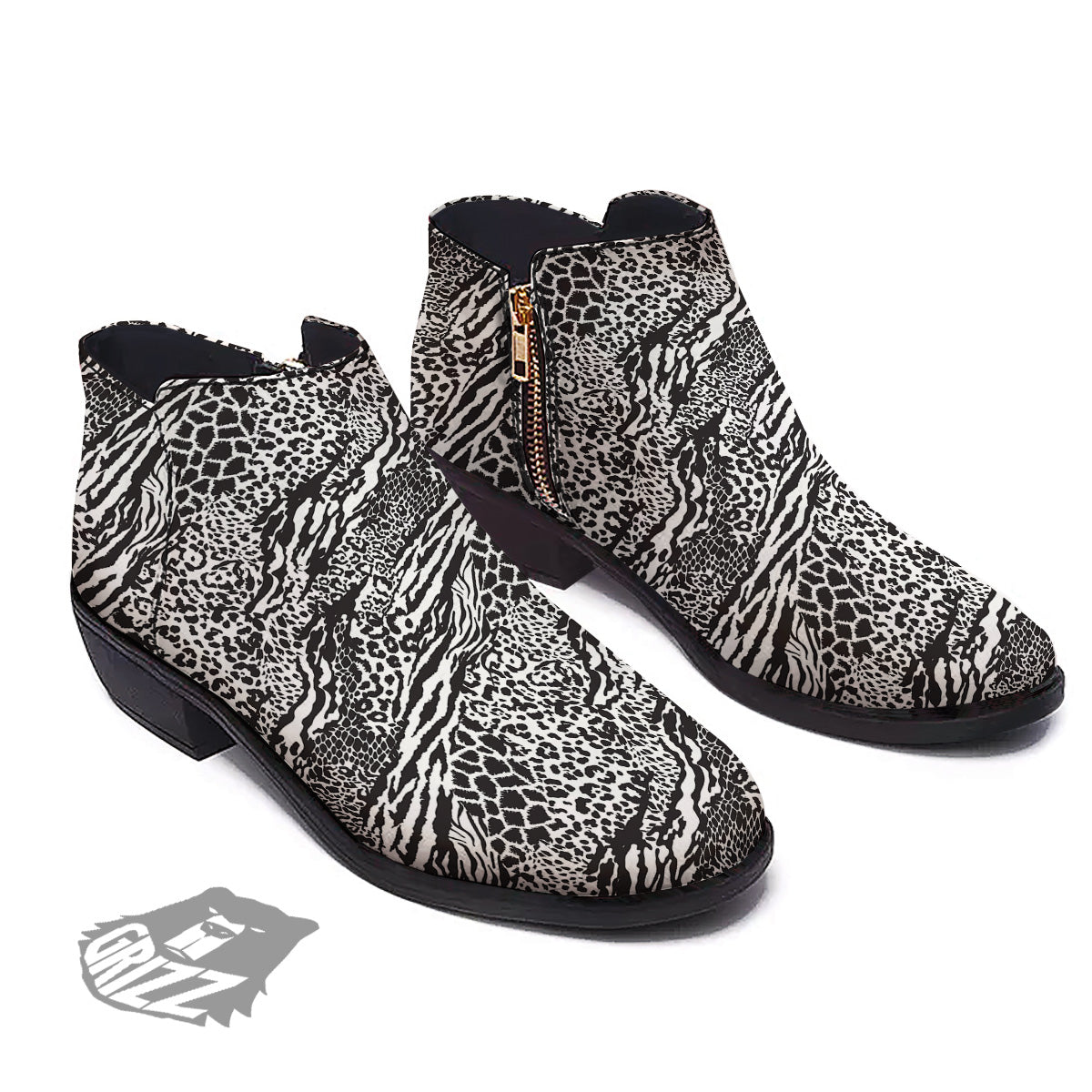 Patchwork White Black Animal Skins Print Pattern Ankle Boots-grizzshop