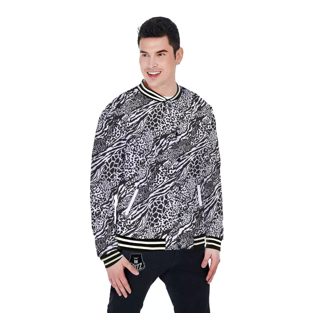 Patchwork White Black Animal Skins Print Pattern Baseball Jacket-grizzshop