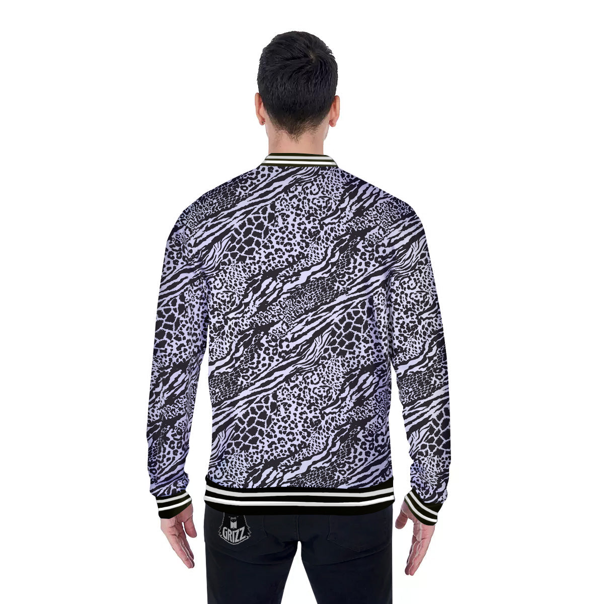 Patchwork White Black Animal Skins Print Pattern Baseball Jacket-grizzshop