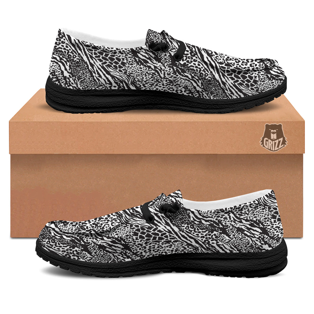 Patchwork White Black Animal Skins Print Pattern Black Loafers-grizzshop