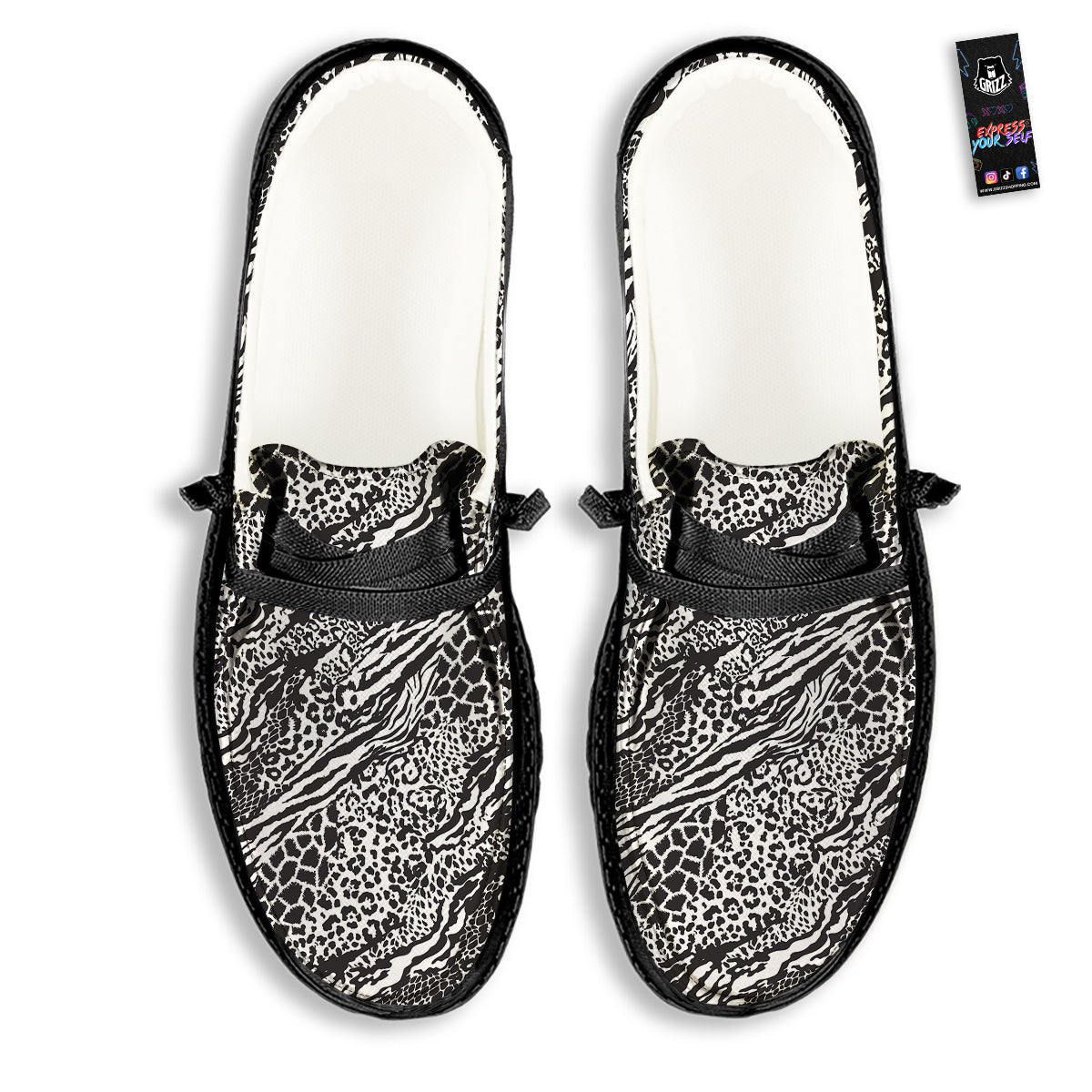 Patchwork White Black Animal Skins Print Pattern Black Loafers-grizzshop