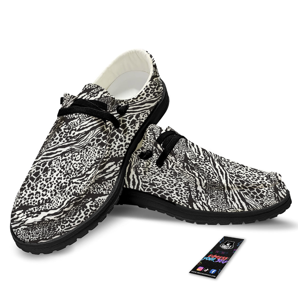 Patchwork White Black Animal Skins Print Pattern Black Loafers-grizzshop