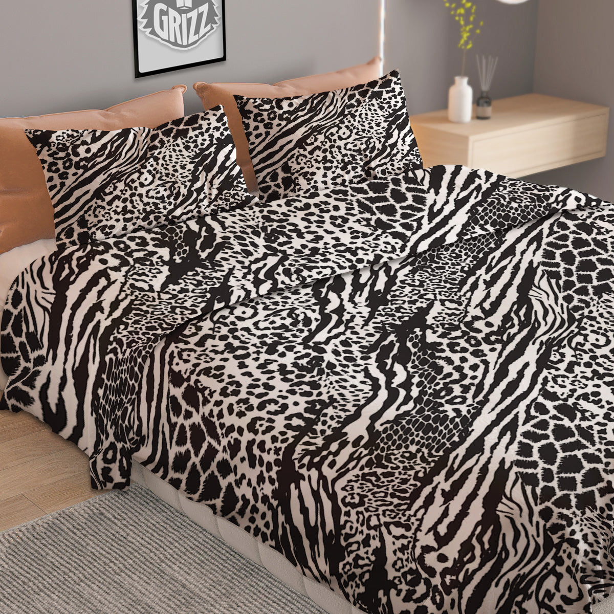 Patchwork White Black Animal Skins Print Pattern Duvet Cover Bedding Set
