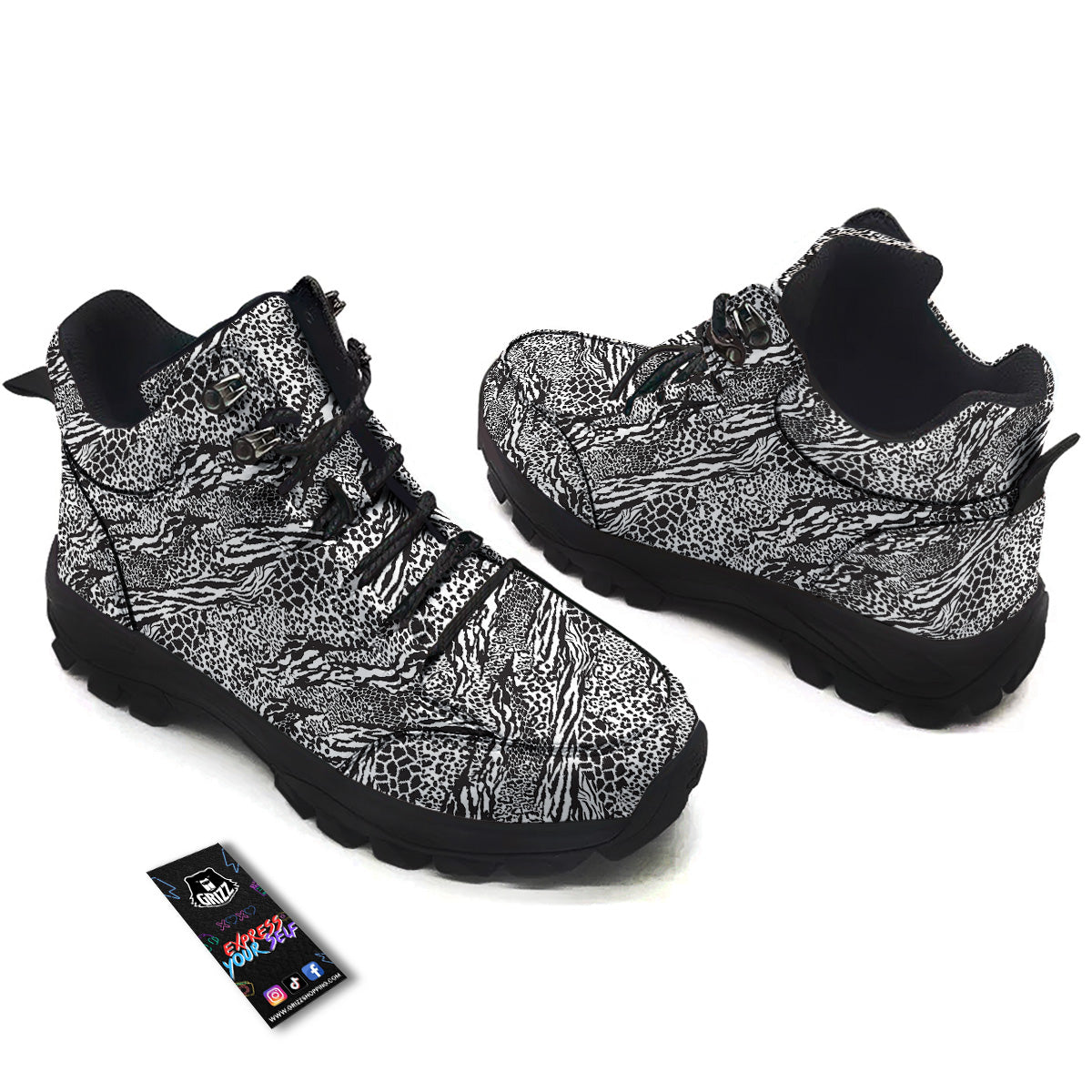 Patchwork White Black Animal Skins Print Pattern Hiking Shoes-grizzshop