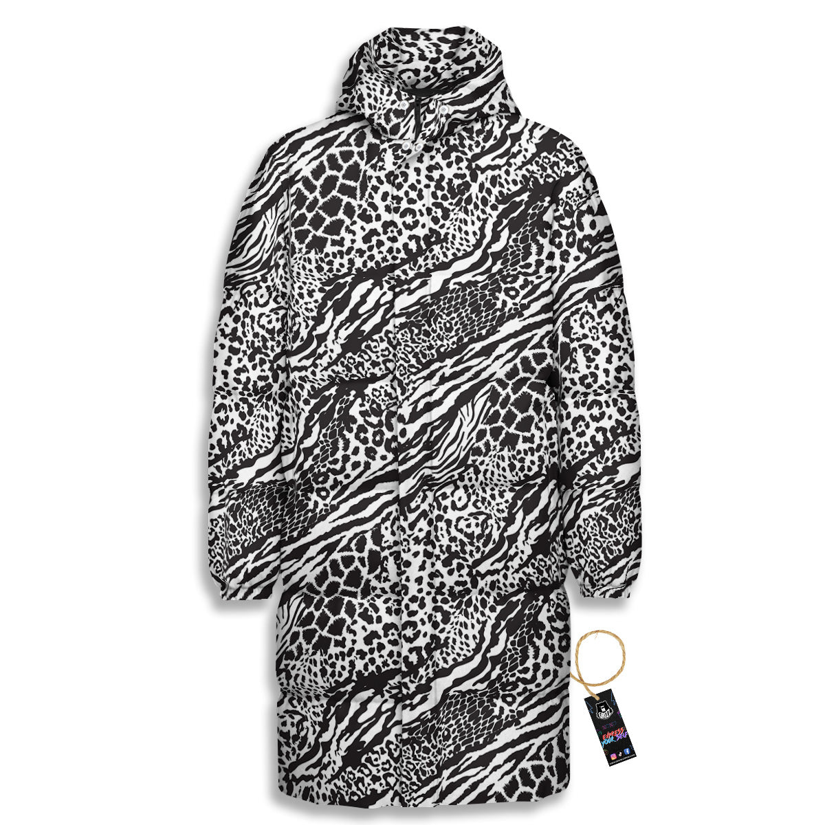 Patchwork White Black Animal Skins Print Pattern Long Down Jacket-grizzshop