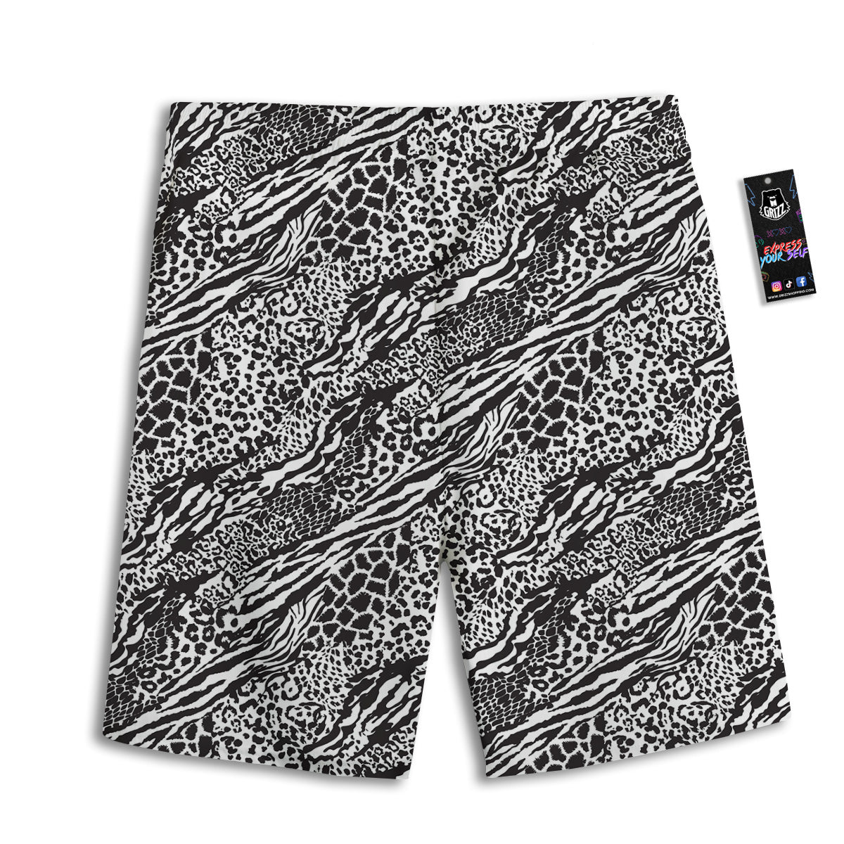 Patchwork White Black Animal Skins Print Pattern Men's Athletic Shorts