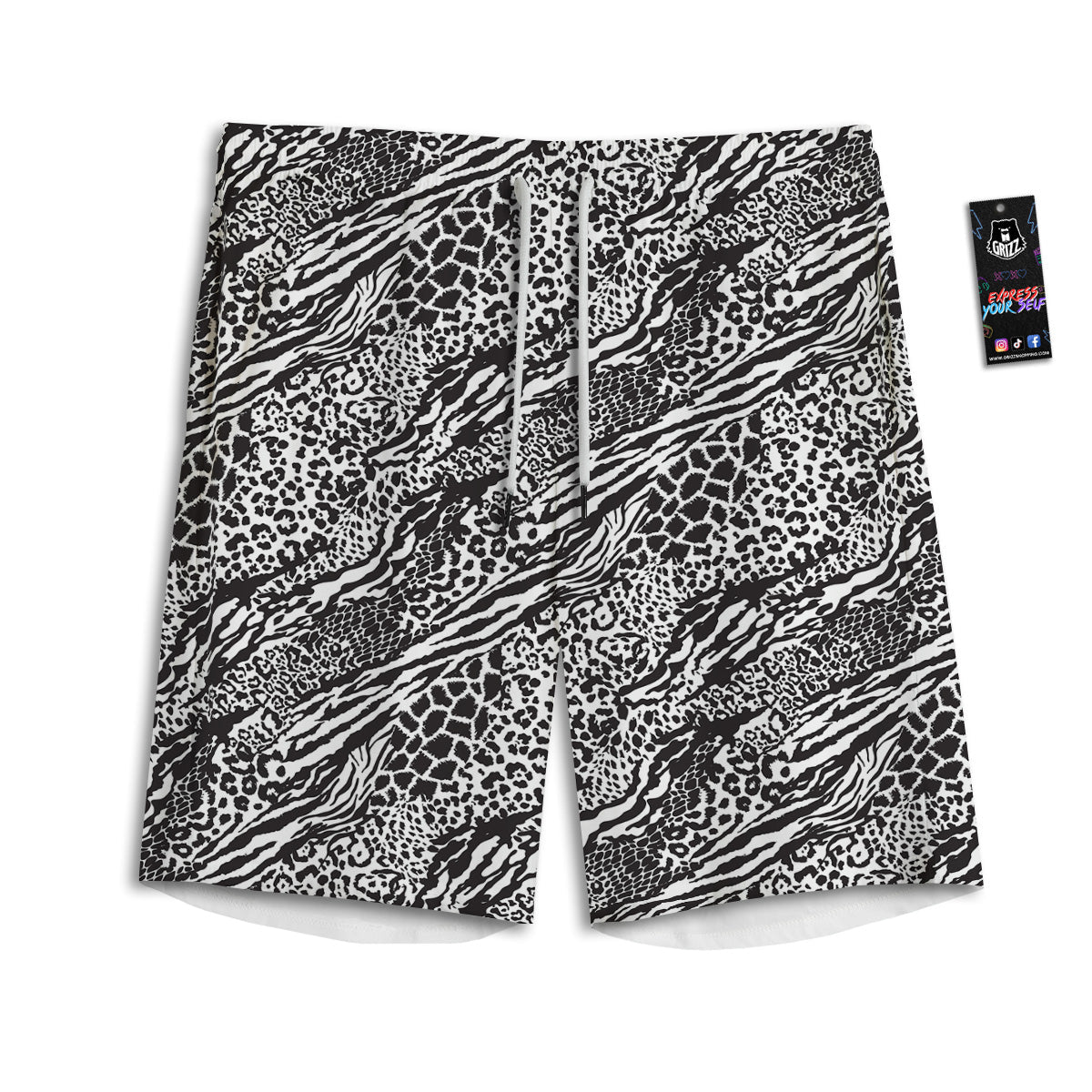 Patchwork White Black Animal Skins Print Pattern Men's Athletic Shorts