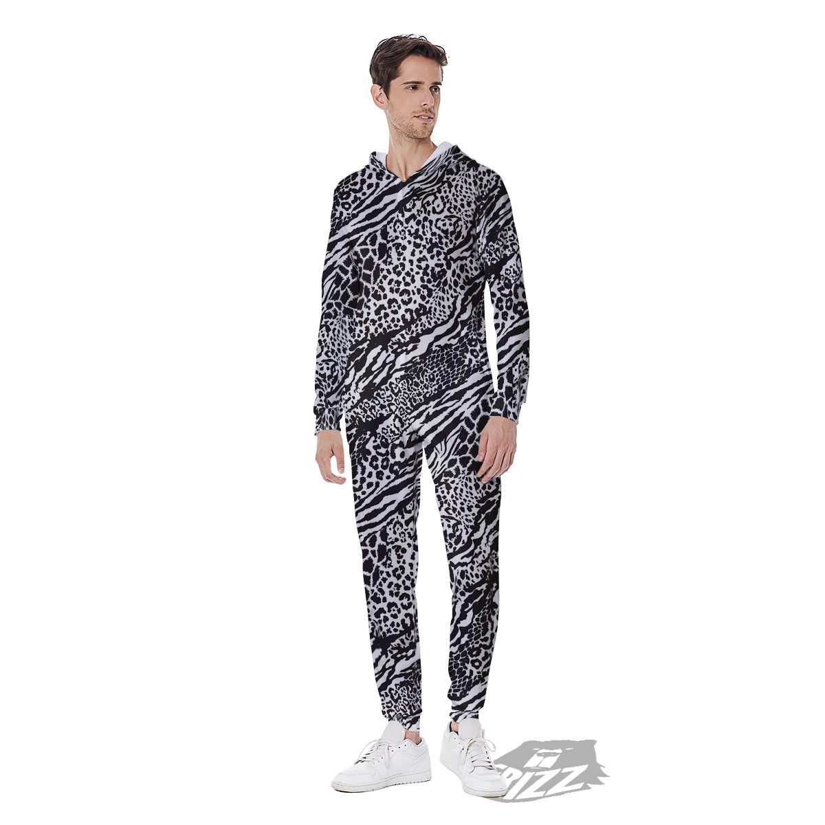 Patchwork White Black Animal Skins Print Pattern Men's Jumpsuit-grizzshop