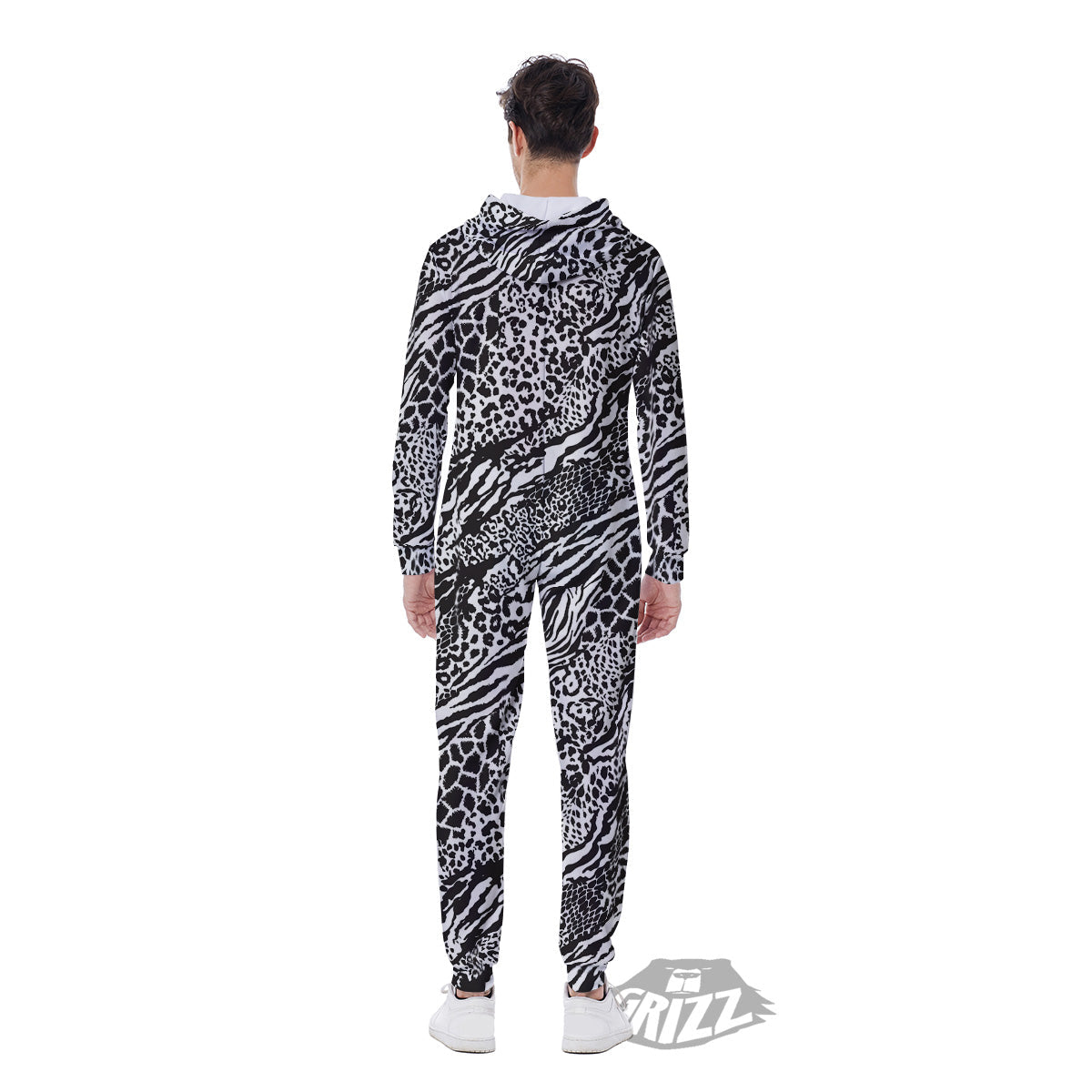 Patchwork White Black Animal Skins Print Pattern Men's Jumpsuit-grizzshop