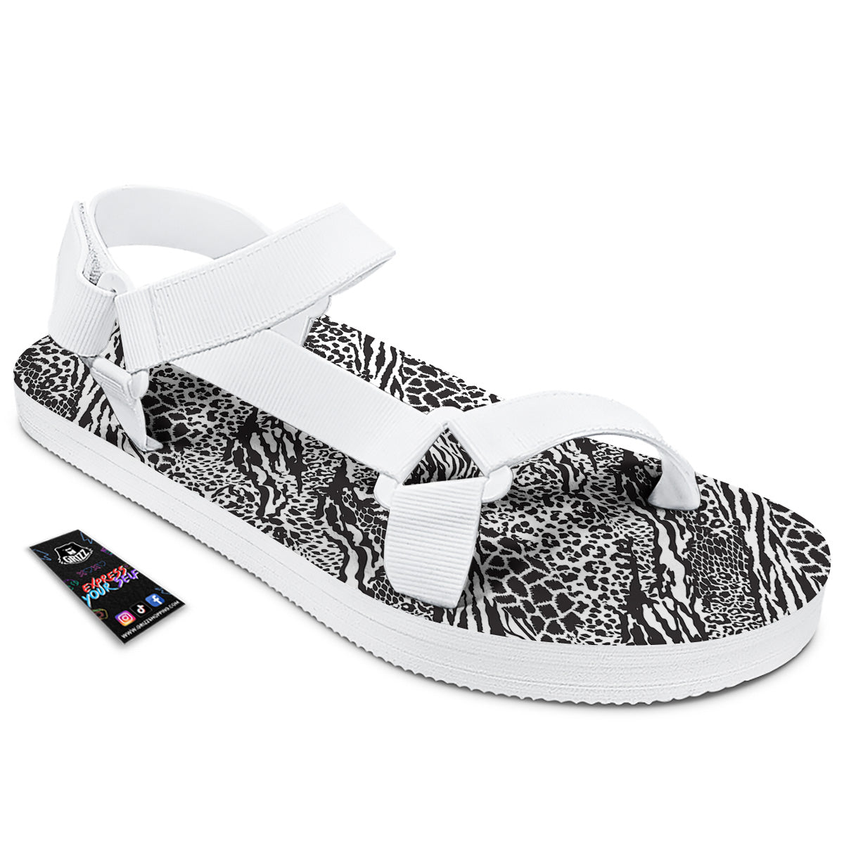 Patchwork White Black Animal Skins Print Pattern White Open Toe Sandals-grizzshop