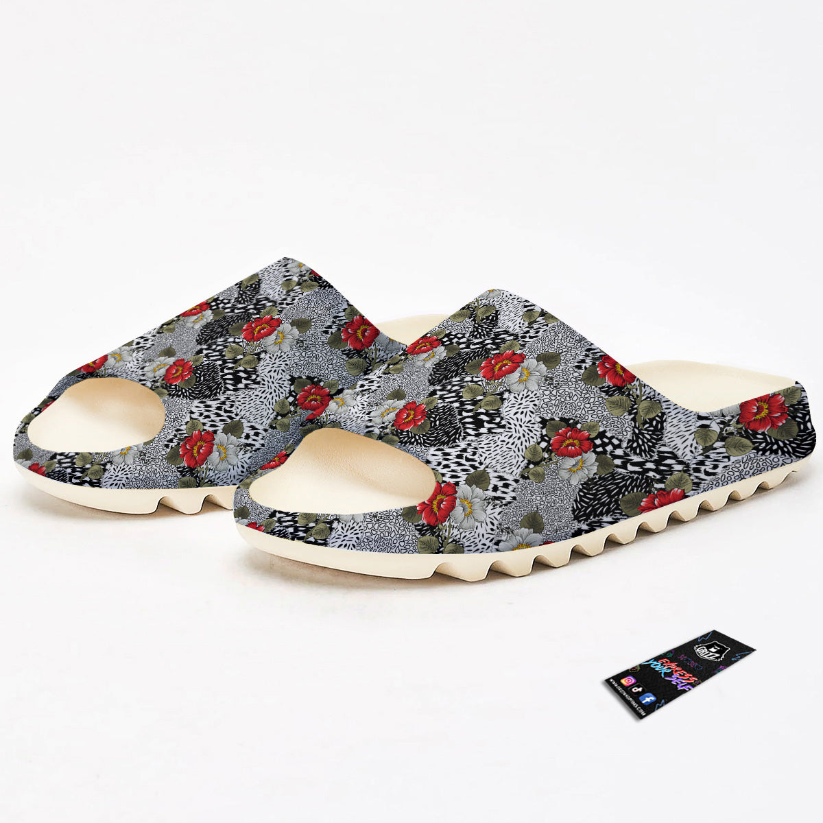 Patchwork Black White And Floral Print Pattern Sandals-grizzshop