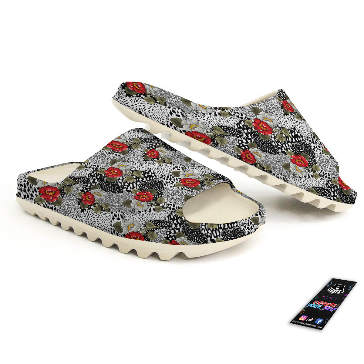 Patchwork Black White And Floral Print Pattern Sandals-grizzshop