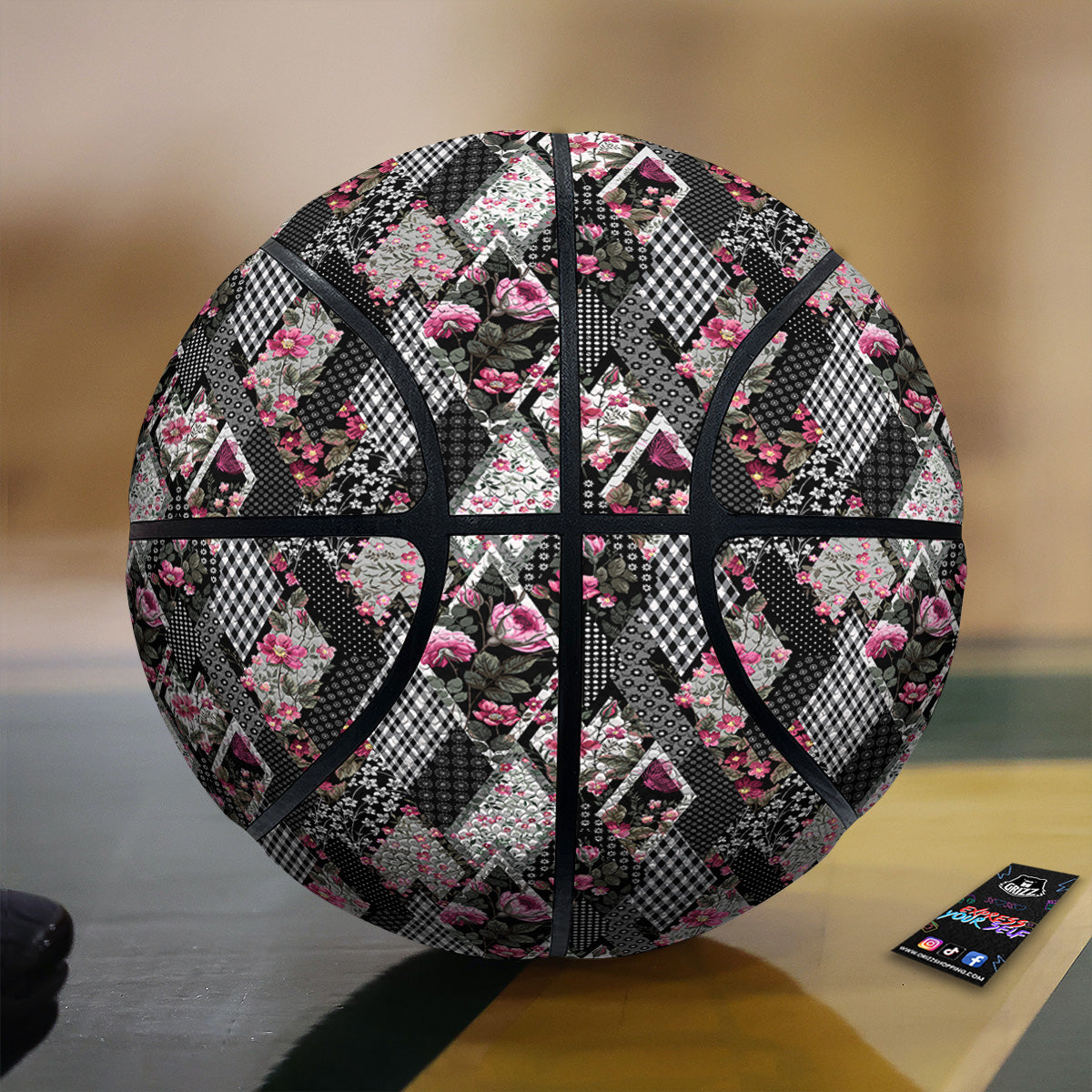 Patchwork Floral Black Pink Print Pattern Basketball