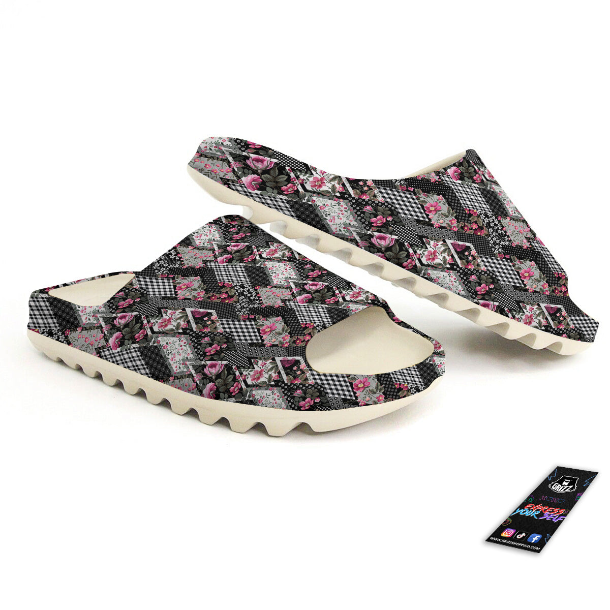 Patchwork Floral Black Pink Print Pattern Sandals-grizzshop