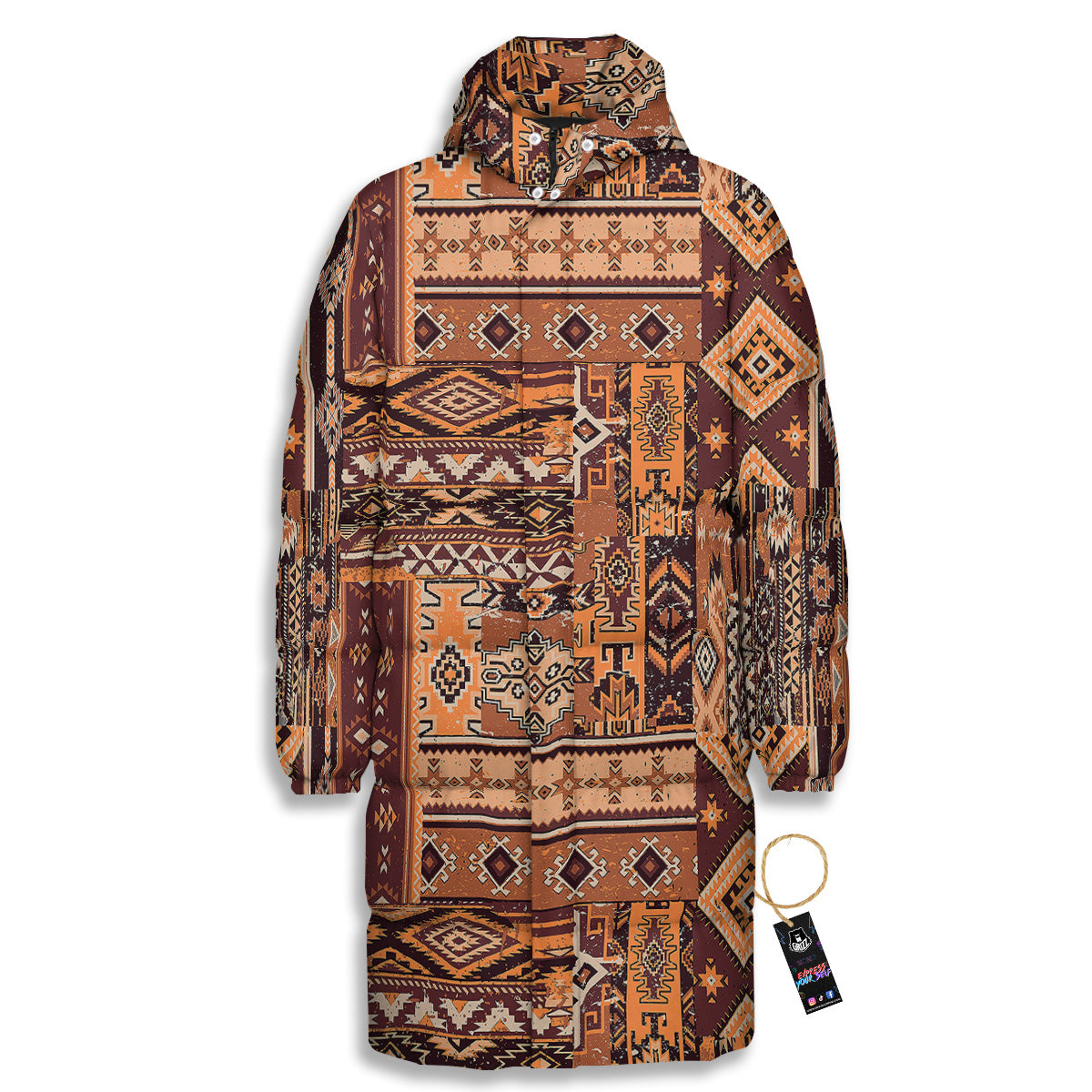 Patchwork Grunge Native American Print Pattern Long Down Jacket