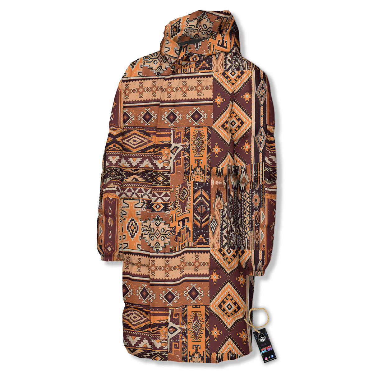 Patchwork Grunge Native American Print Pattern Long Down Jacket