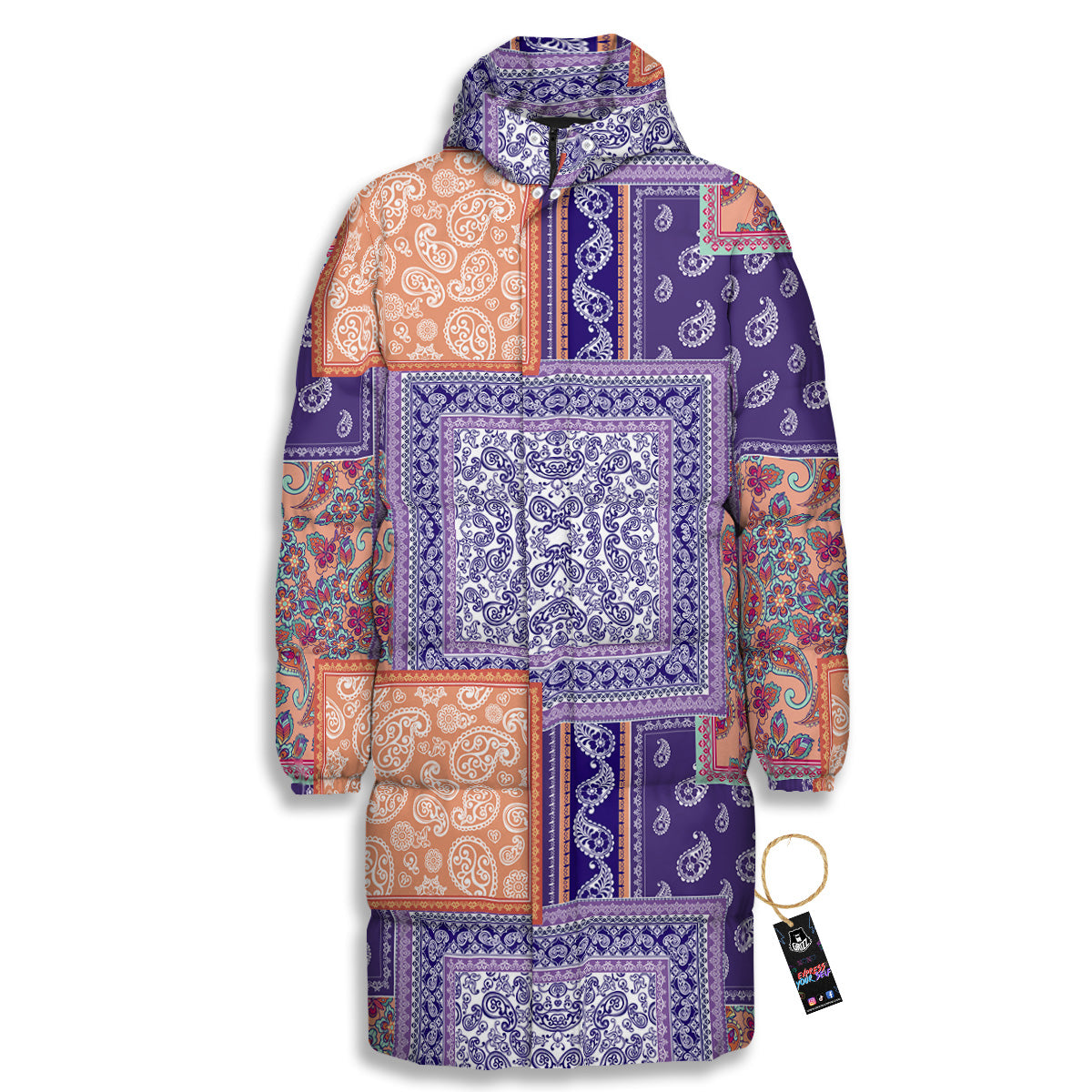 Patchwork Paisley Blue And Orange Print Pattern Long Down Jacket