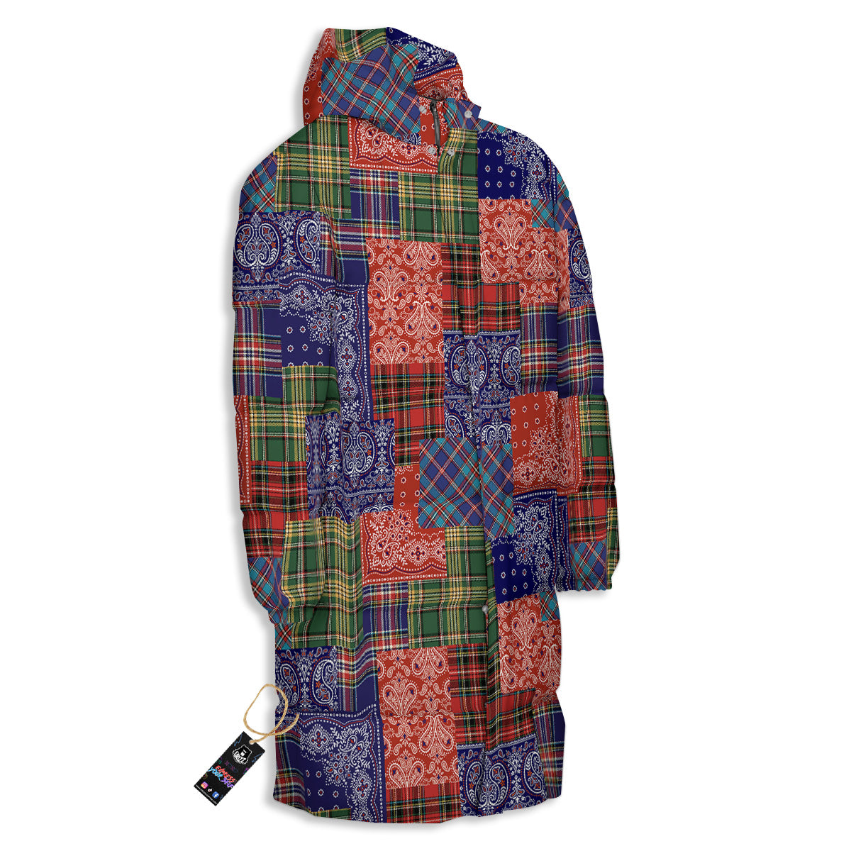 Patchwork Tartan And Bandana Print Pattern Long Down Jacket