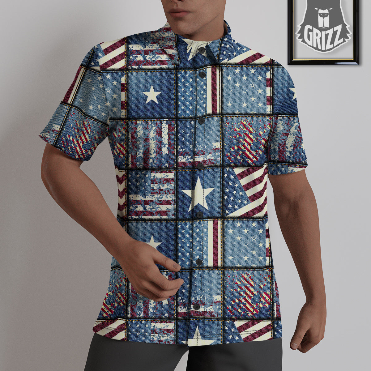 Patchwork USA Denim Print Pattern Untucked Shirts-grizzshop