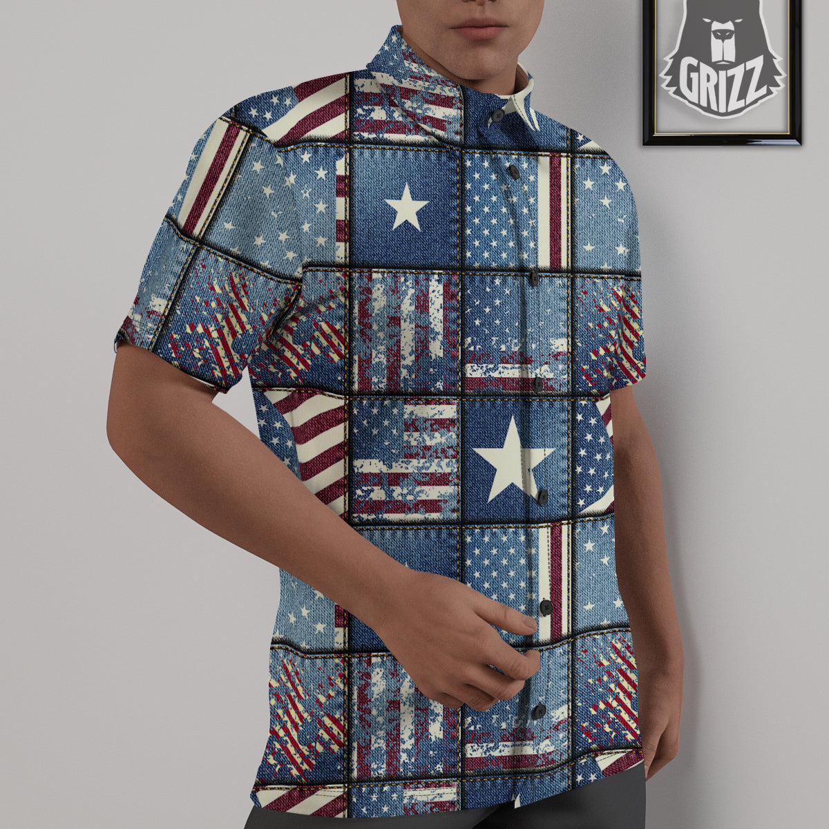 Patchwork USA Denim Print Pattern Untucked Shirts-grizzshop