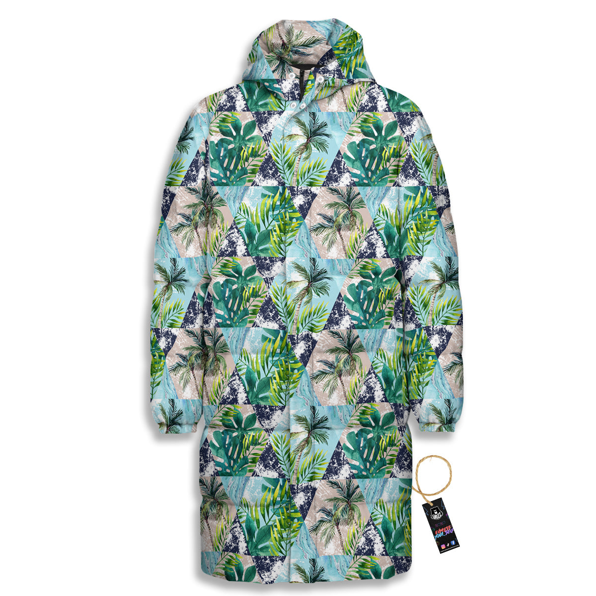Patchwork Watercolor Tropical Leaves Print Pattern Long Down Jacket