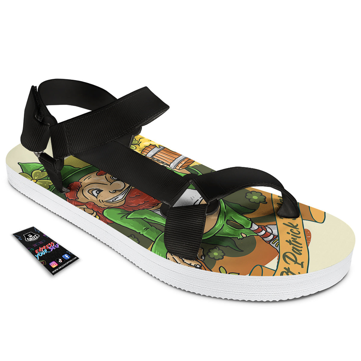 Patrick's Day Cute Shamrock Saint Print Black Open Toe Sandals-grizzshop