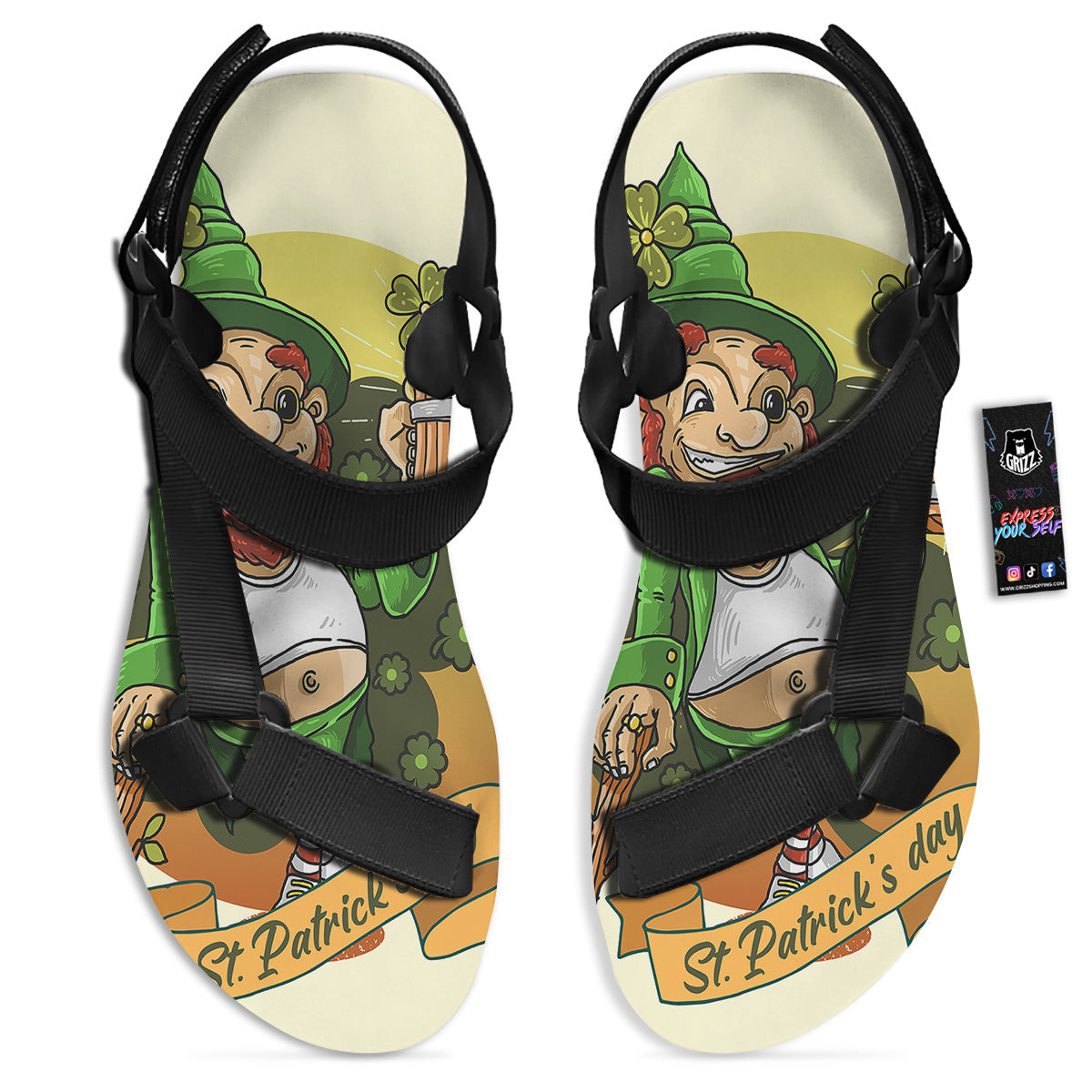 Patrick's Day Cute Shamrock Saint Print Black Open Toe Sandals-grizzshop