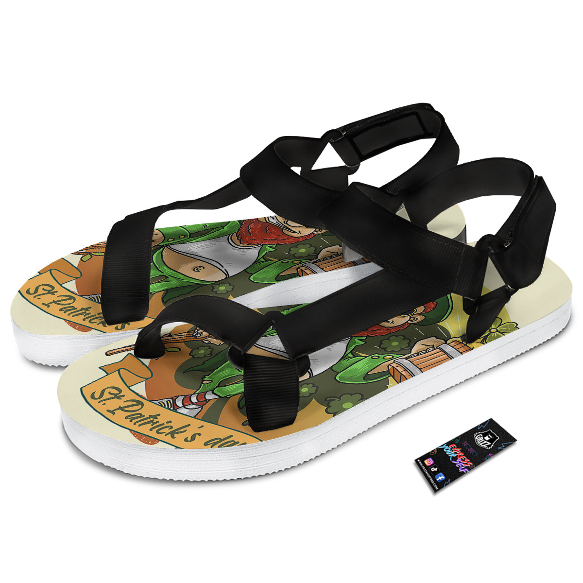 Patrick's Day Cute Shamrock Saint Print Black Open Toe Sandals-grizzshop