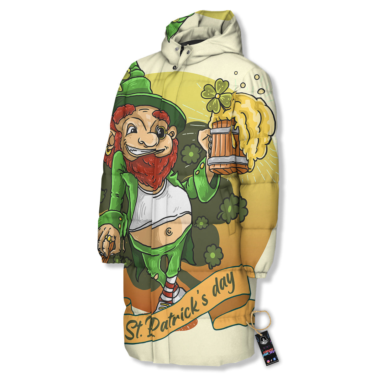 Patrick's Day Cute Shamrock Saint Print Long Down Jacket-grizzshop