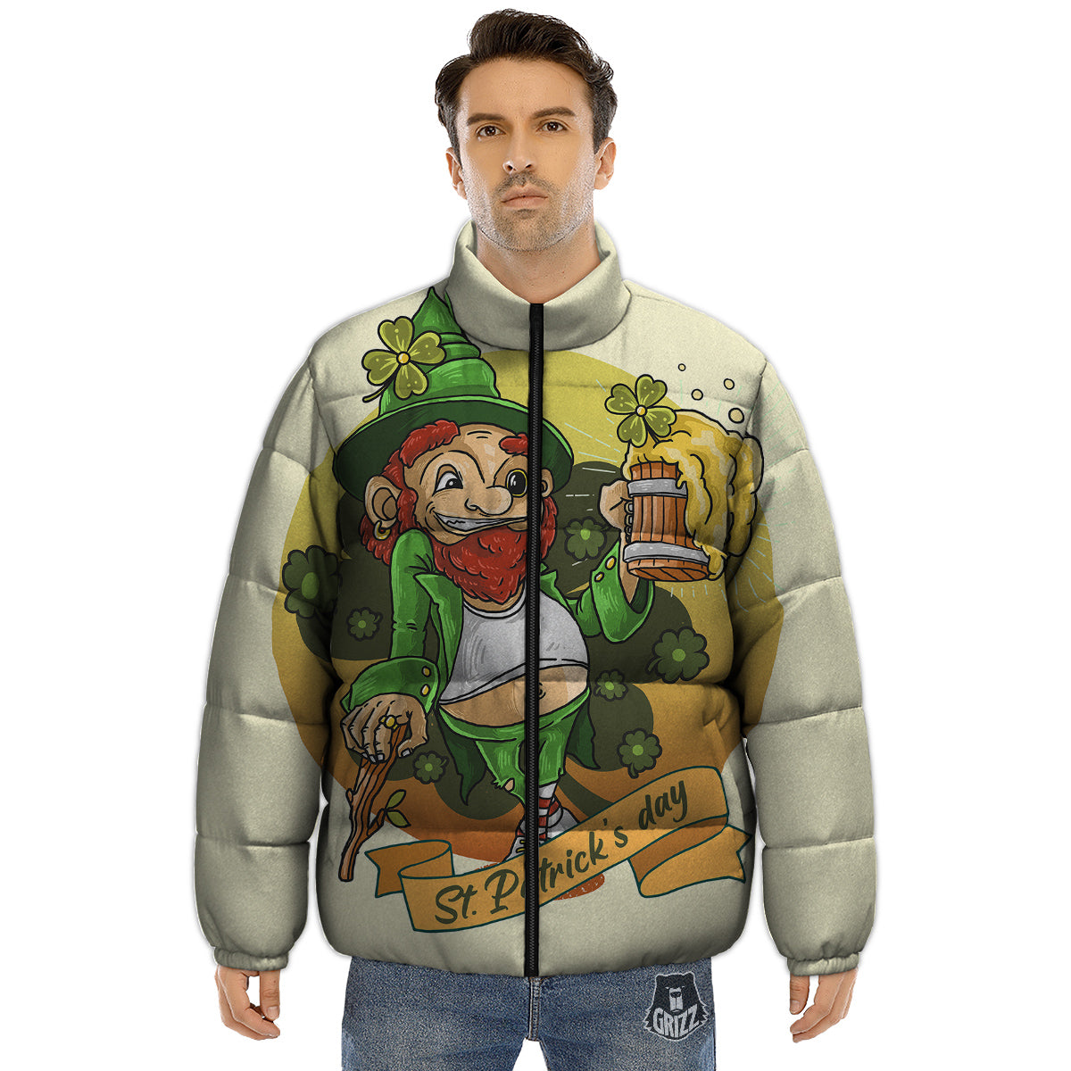 Patrick's Day Cute Shamrock Saint Print Puffer Jacket-grizzshop