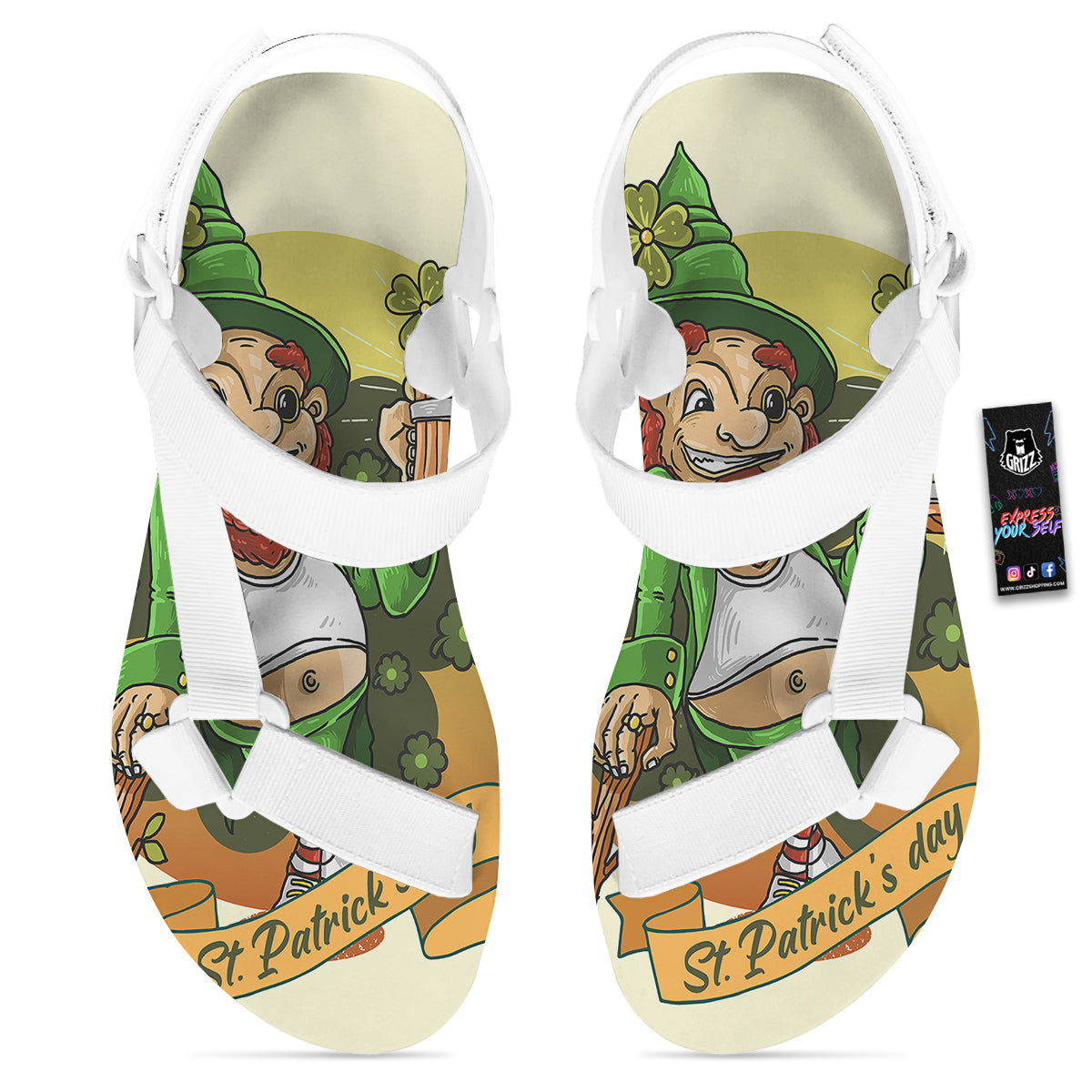 Patrick's Day Cute Shamrock Saint Print White Open Toe Sandals-grizzshop