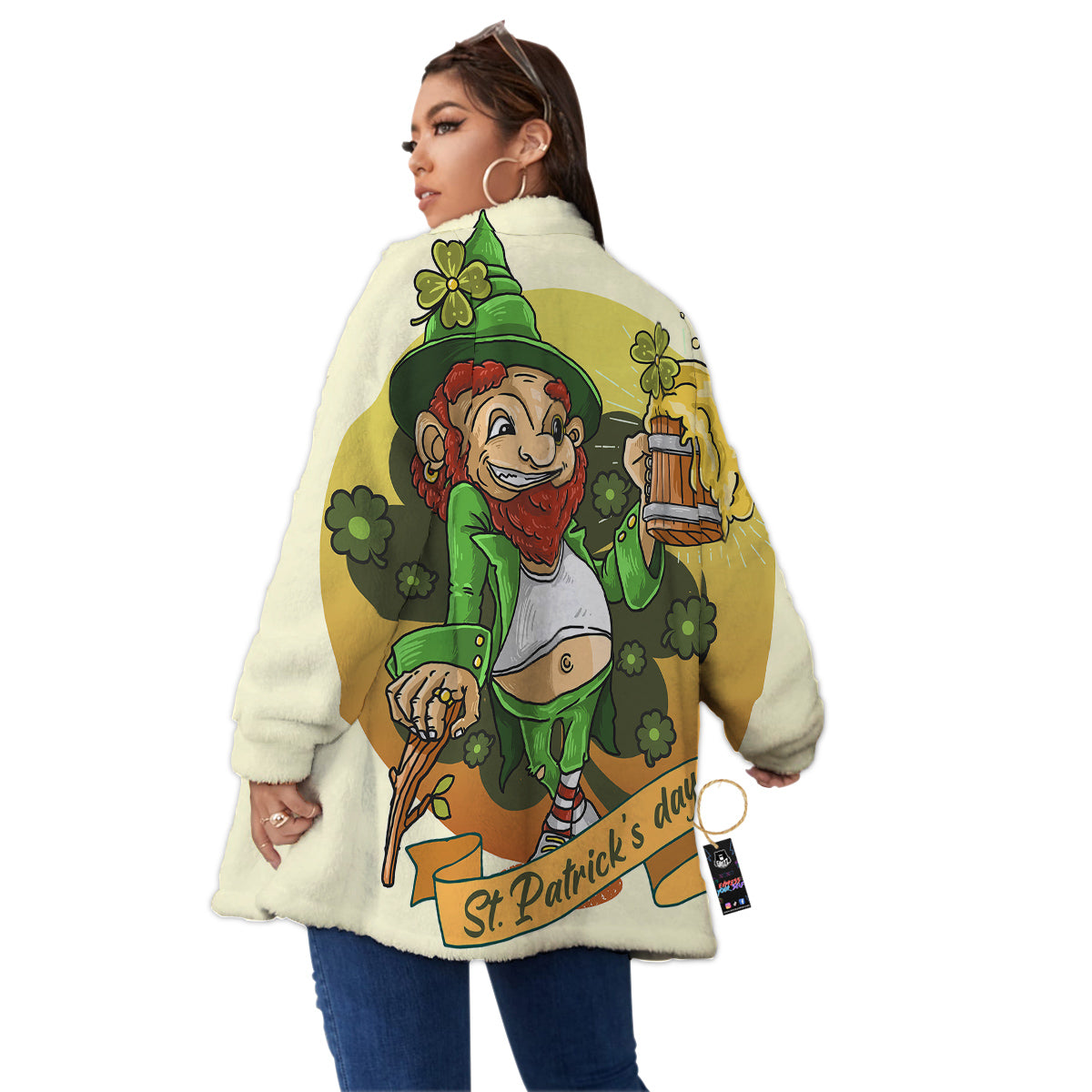 Patrick's Day Cute Shamrock Saint Print Women's Sherpa Jacket-grizzshop