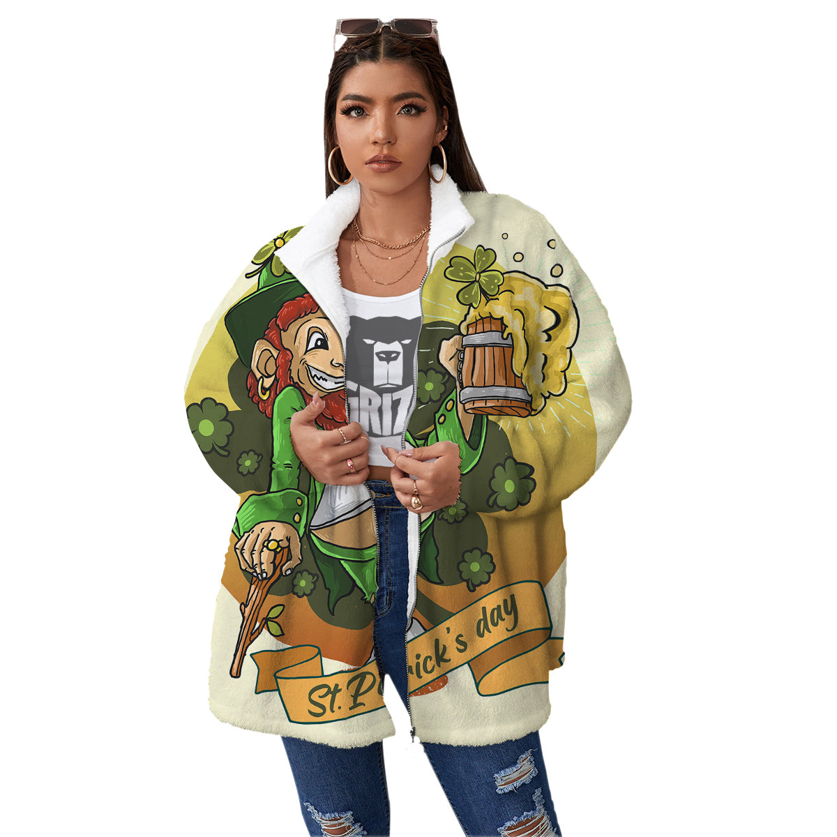 Patrick's Day Cute Shamrock Saint Print Women's Sherpa Jacket-grizzshop