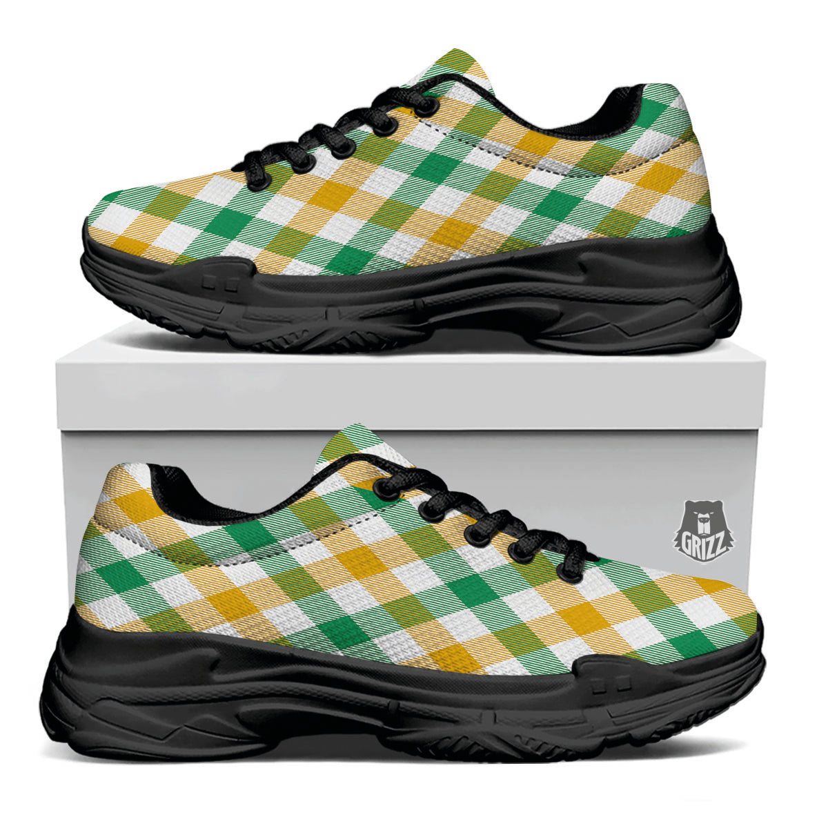 Patrick's Day Irish Plaid Print Black Chunky Shoes-grizzshop