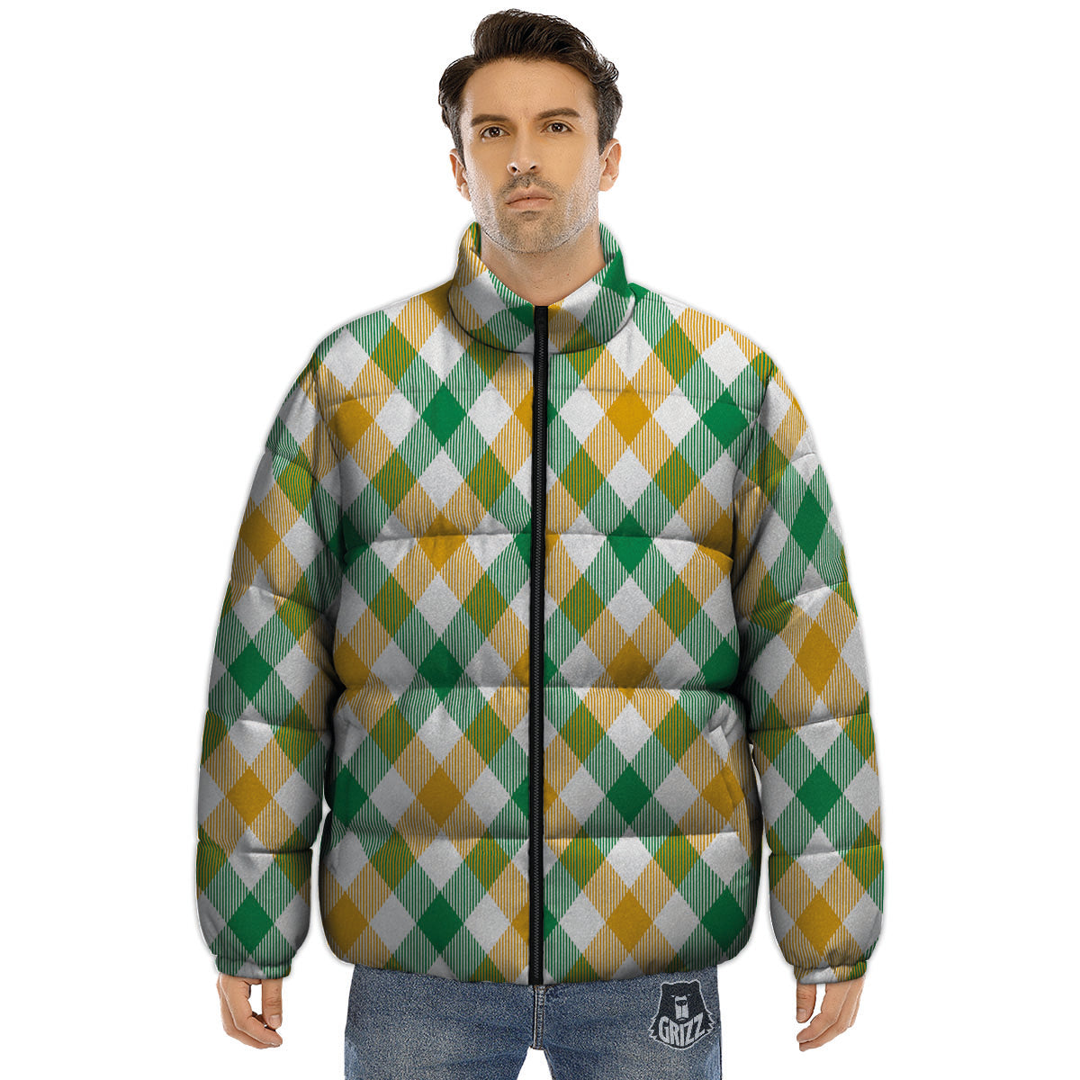 Patrick's Day Irish Plaid Print Puffer Jacket-grizzshop