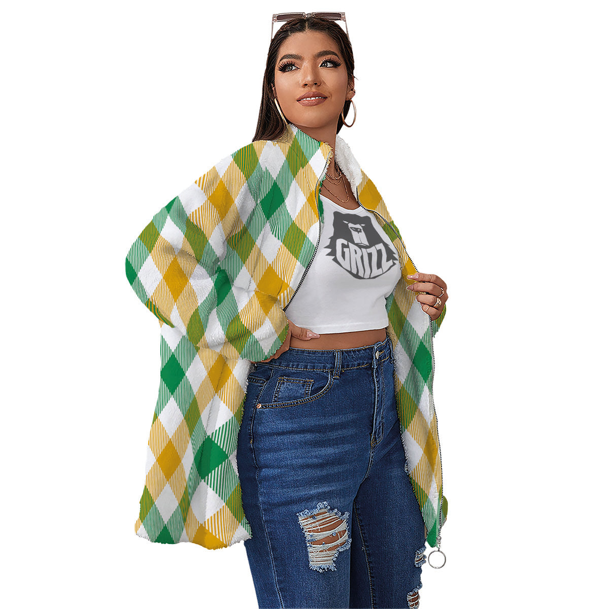 Patrick's Day Irish Plaid Print Women's Sherpa Jacket-grizzshop