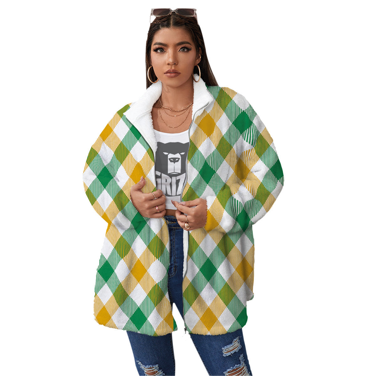 Patrick's Day Irish Plaid Print Women's Sherpa Jacket-grizzshop