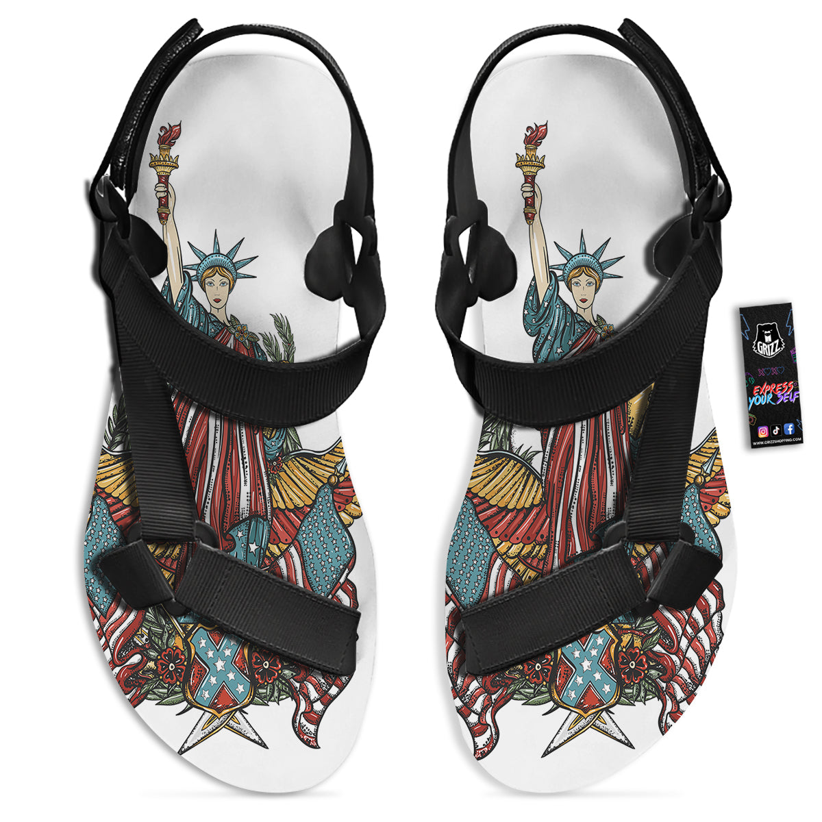 Patriotic Art Statue Of Liberty Print Black Open Toe Sandals-grizzshop