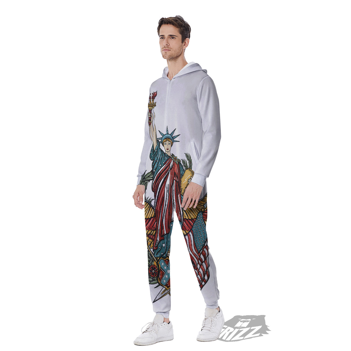 Patriotic Art Statue Of Liberty Print Men's Jumpsuit-grizzshop