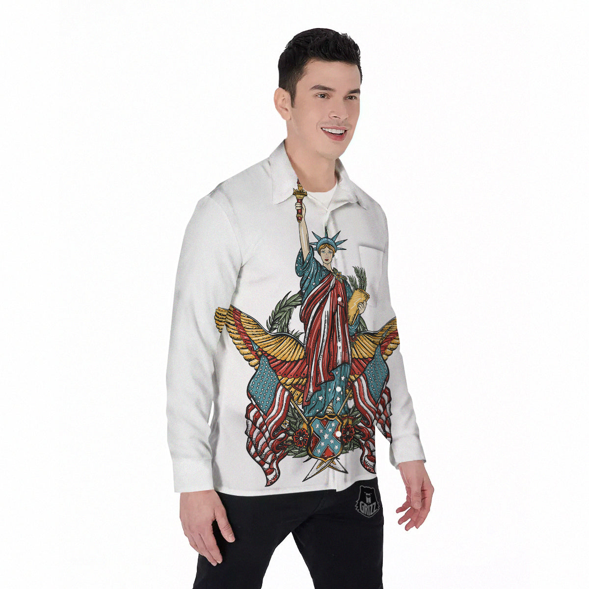 Patriotic Art Statue Of Liberty Print Men's Long Sleeve Shirts-grizzshop