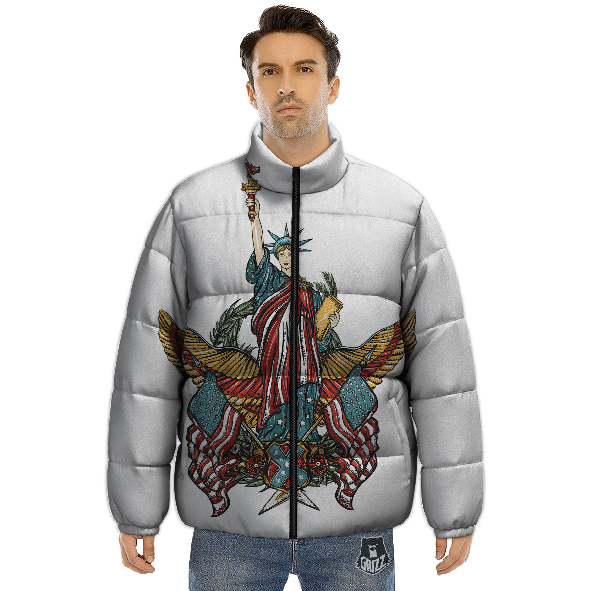 Patriotic Art Statue Of Liberty Print Puffer Jacket-grizzshop