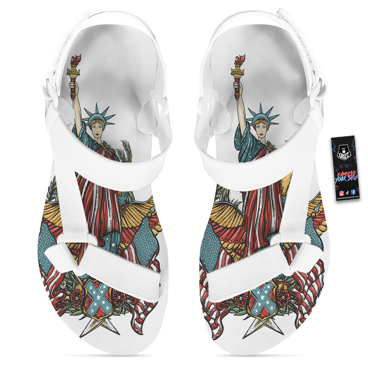 Patriotic Art Statue Of Liberty Print White Open Toe Sandals-grizzshop