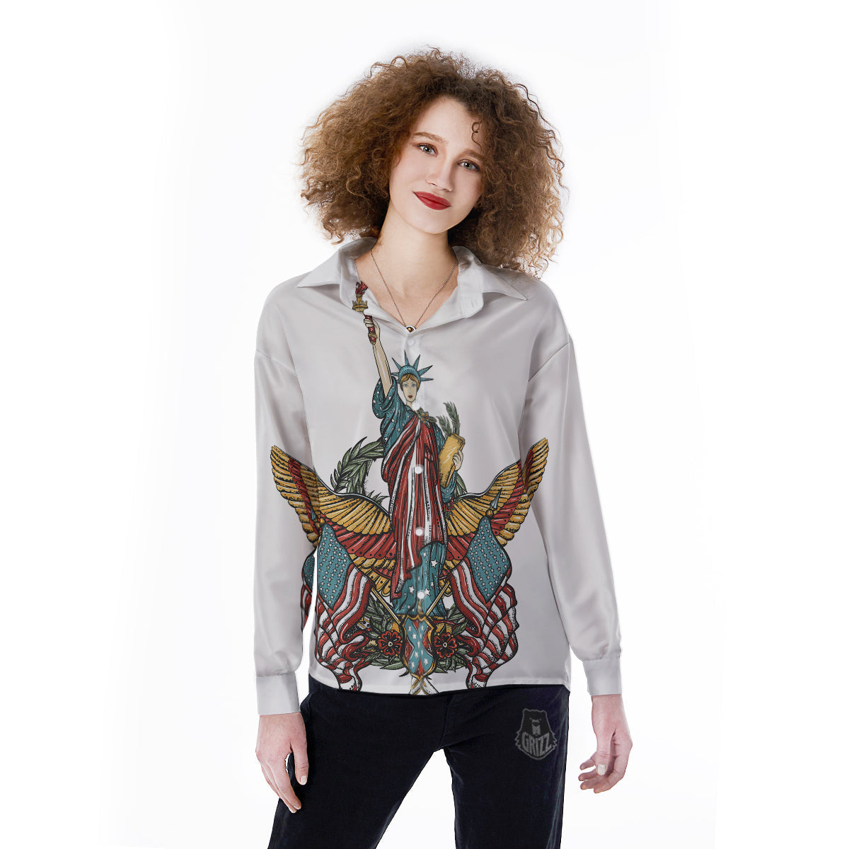 Patriotic Art Statue Of Liberty Print Women's Long Sleeve Shirts-grizzshop